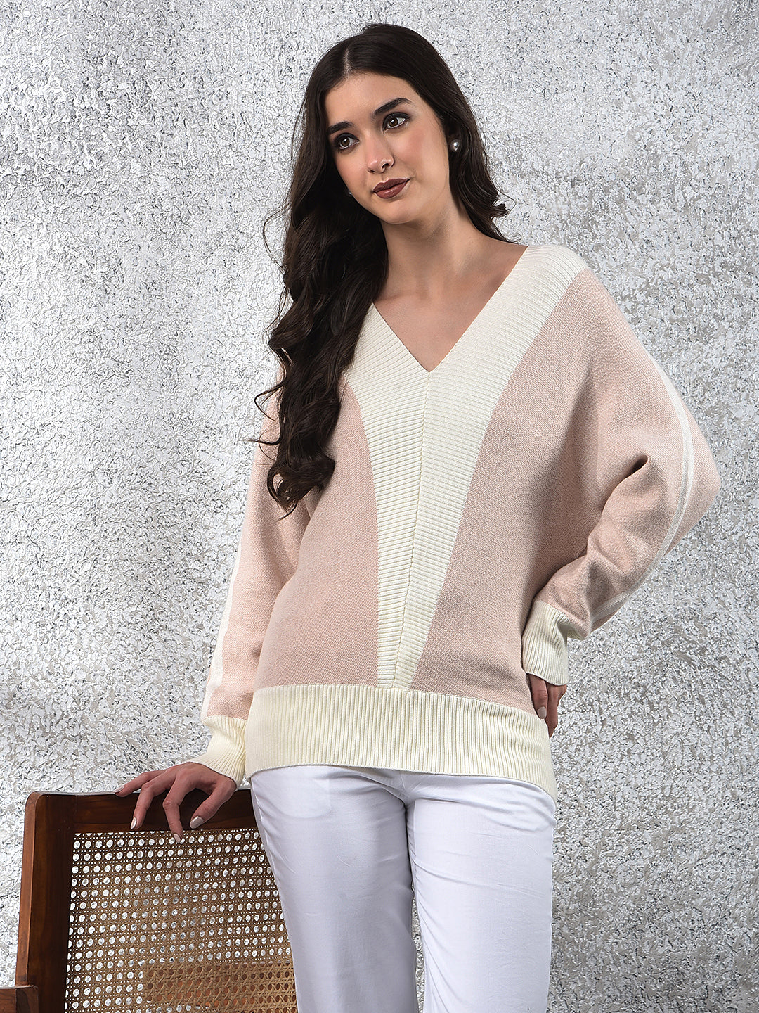 Pink Color-Block V-Neck Sweater-Women Sweaters-Crimsoune Club