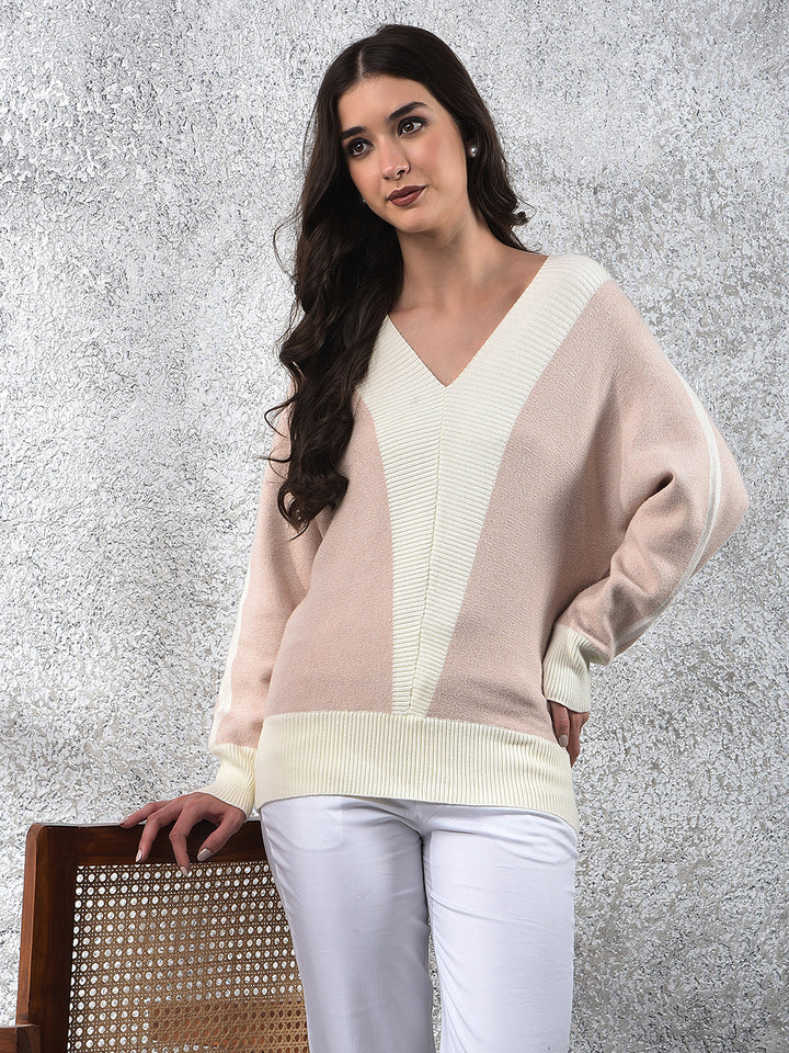 Pink Color-Block V-Neck Sweater-Women Sweaters-Crimsoune Club