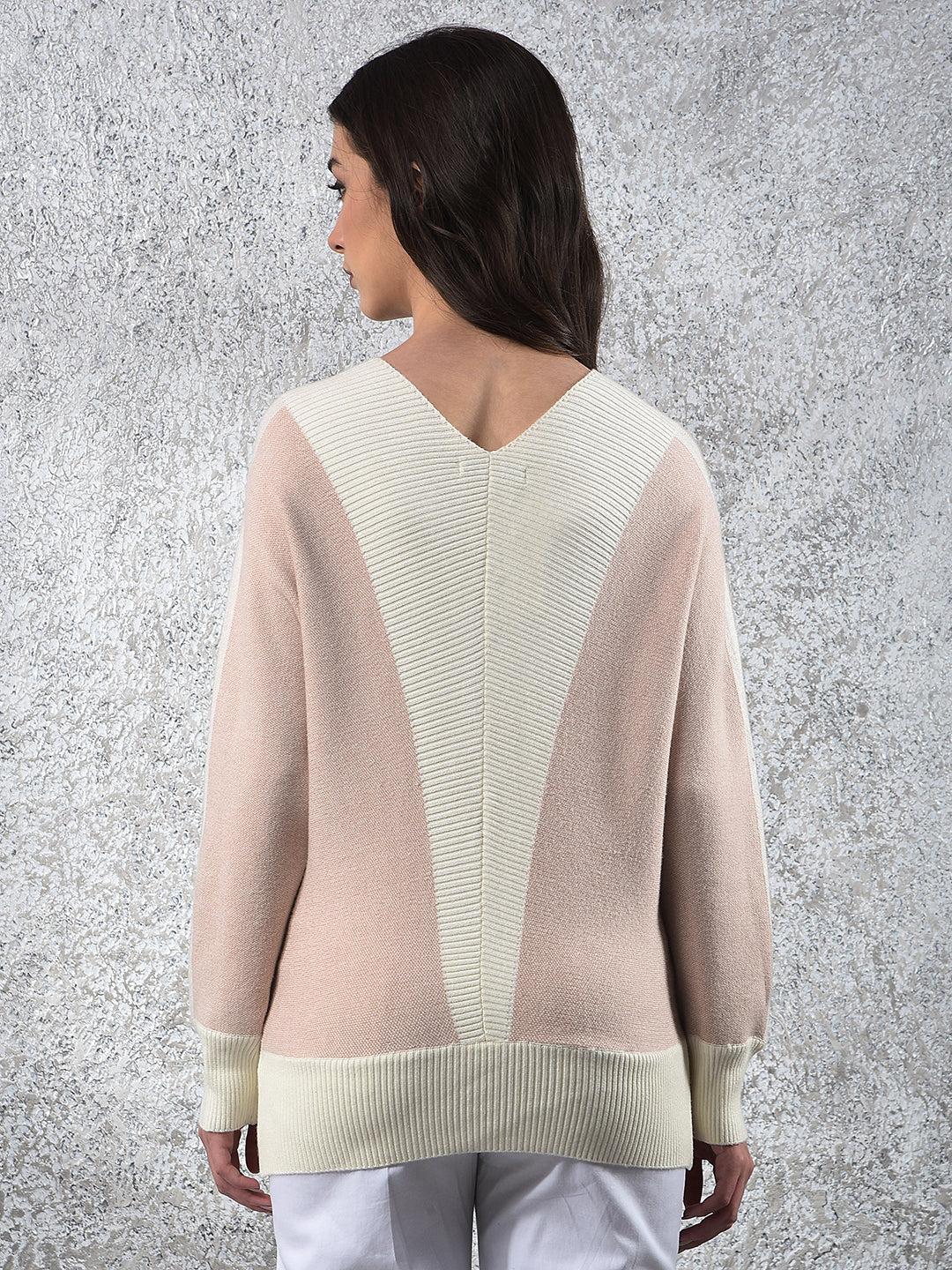 Pink Color-Block V-Neck Sweater-Women Sweaters-Crimsoune Club