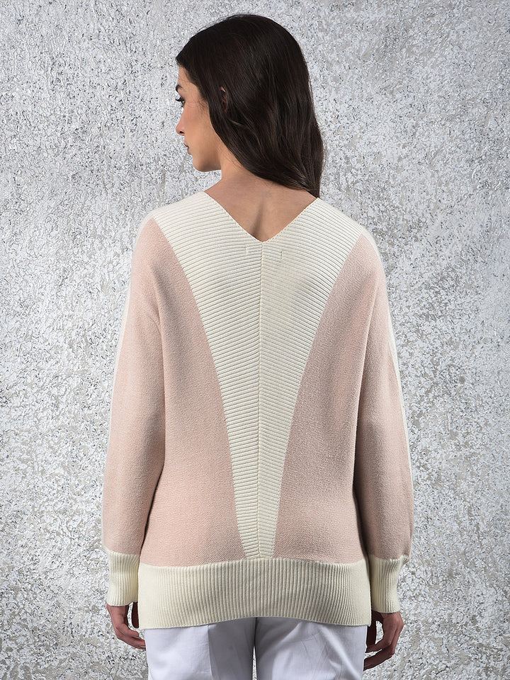 Pink Color-Block V-Neck Sweater-Women Sweaters-Crimsoune Club