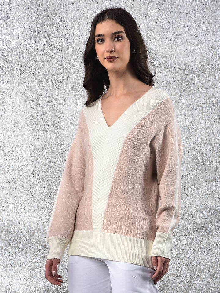 Pink Color-Block V-Neck Sweater-Women Sweaters-Crimsoune Club