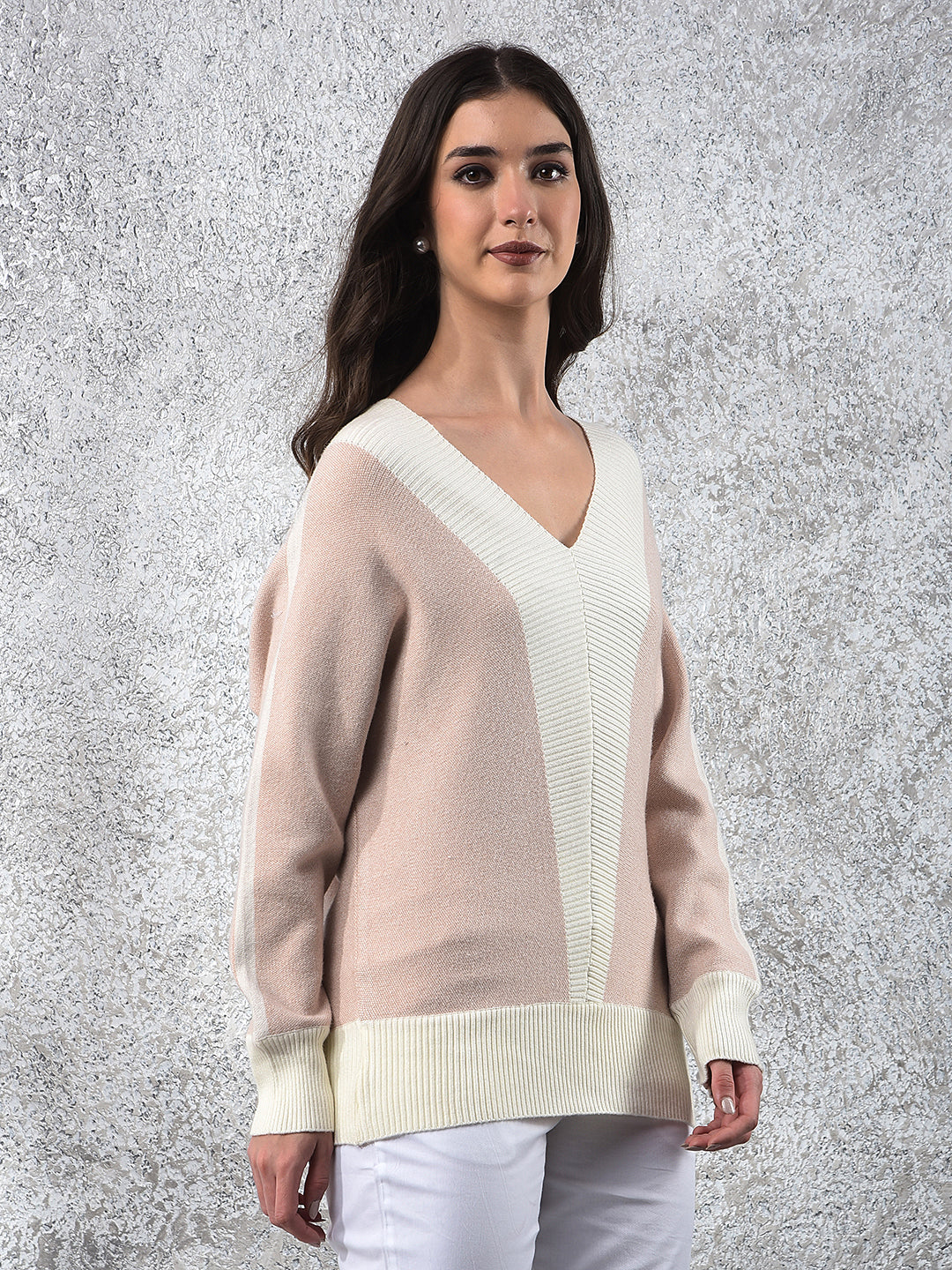 Pink Color-Block V-Neck Sweater-Women Sweaters-Crimsoune Club