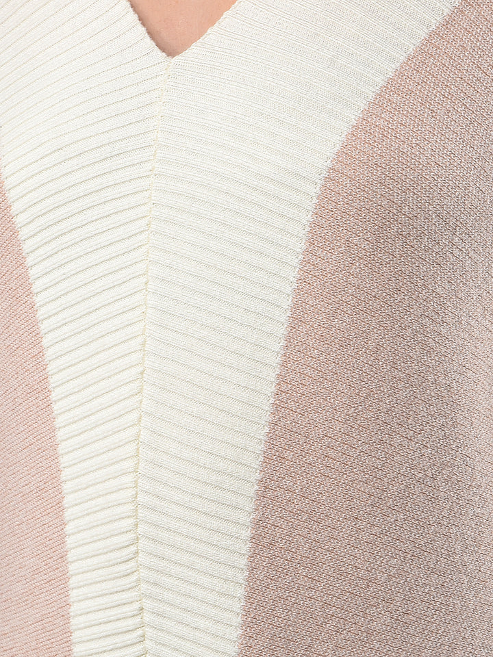 Pink Color-Block V-Neck Sweater-Women Sweaters-Crimsoune Club