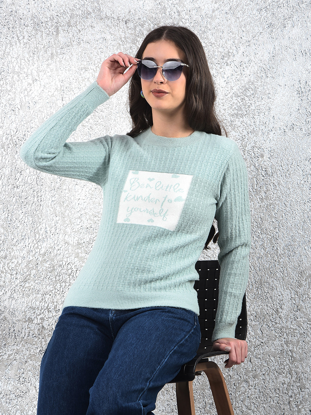 Green Typographic Print Sweater-Women Sweaters-Crimsoune Club