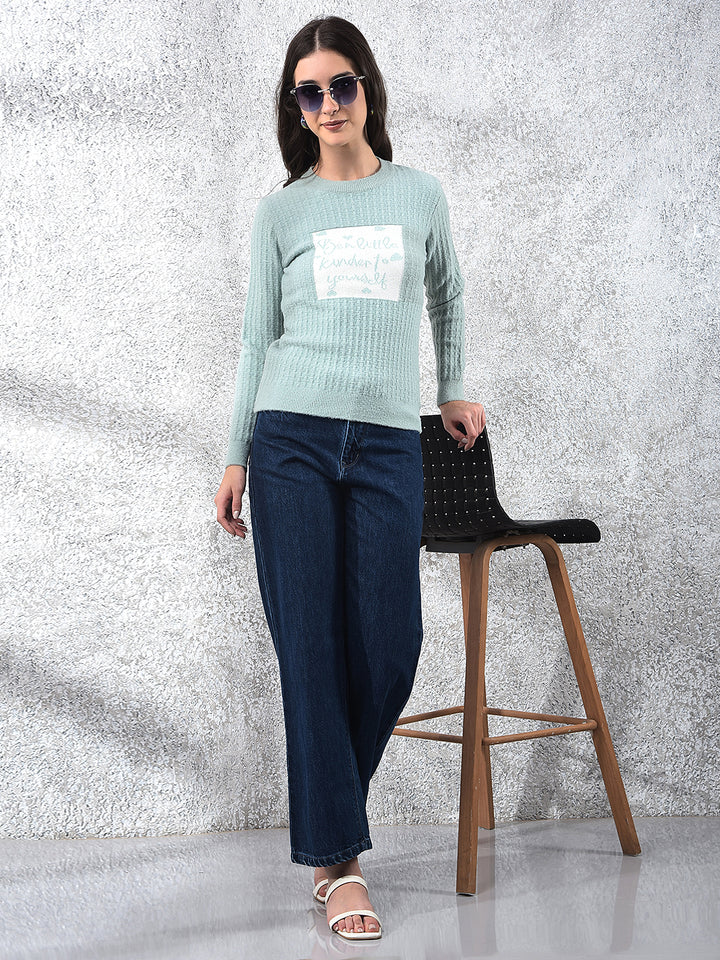 Green Typographic Print Sweater-Women Sweaters-Crimsoune Club