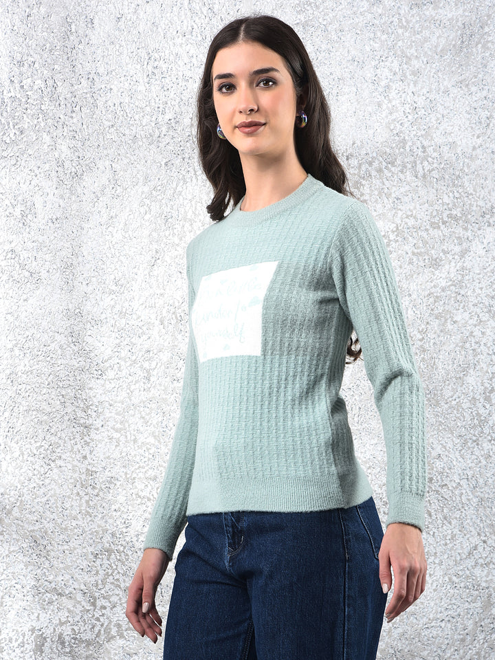 Green Typographic Print Sweater-Women Sweaters-Crimsoune Club