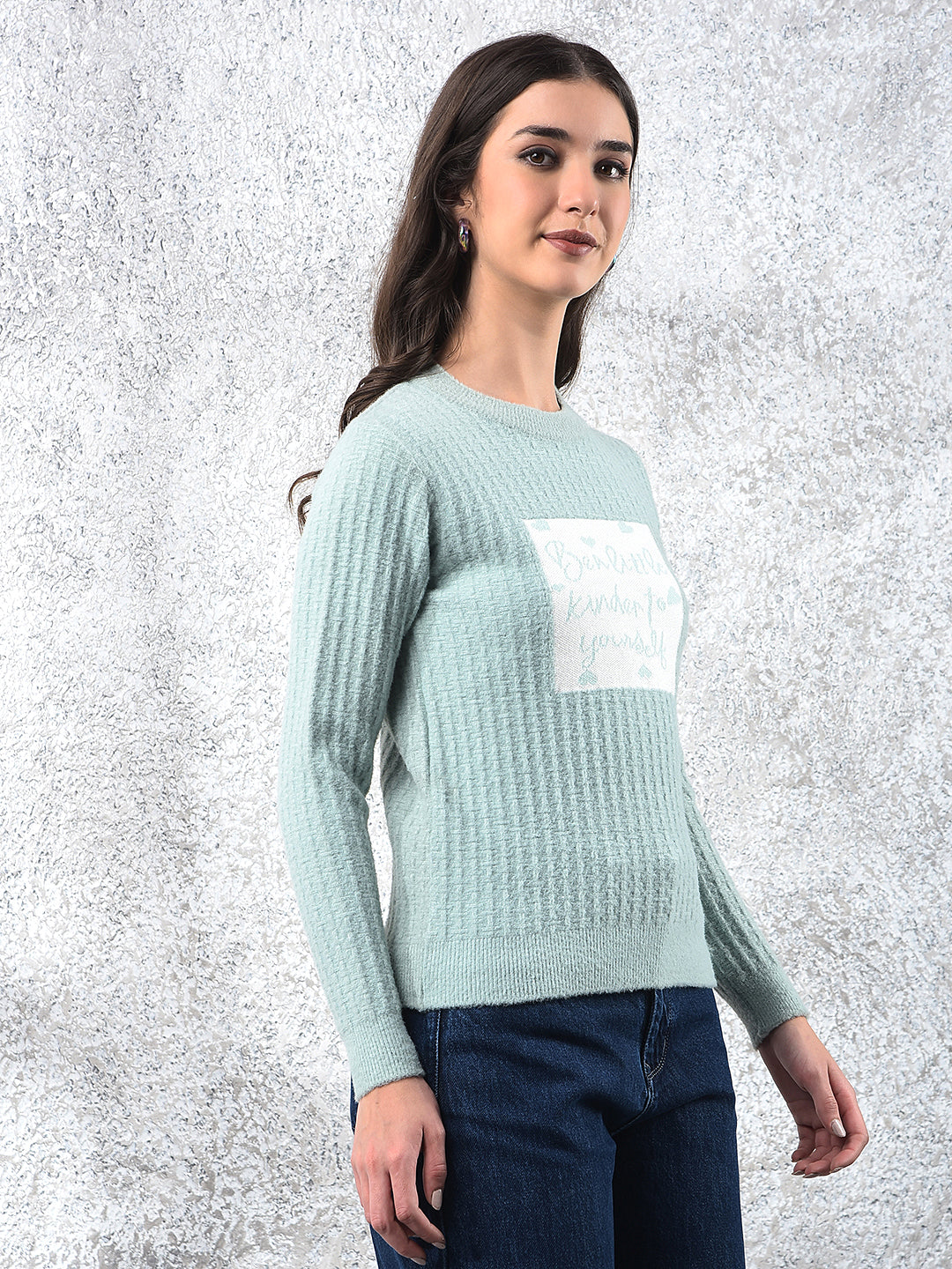 Green Typographic Print Sweater-Women Sweaters-Crimsoune Club