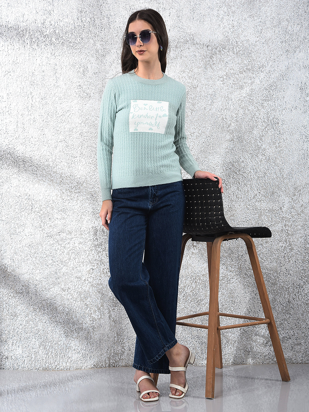 Green Typographic Print Sweater-Women Sweaters-Crimsoune Club
