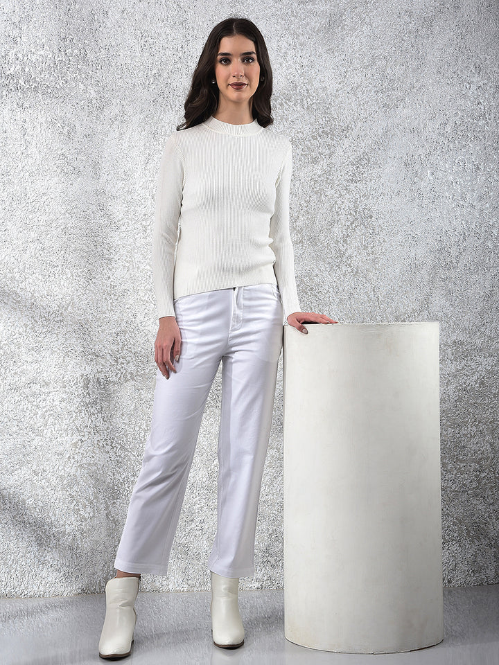 Chic White High Neck Ribbed Sweater-Women Sweaters-Crimsoune Club