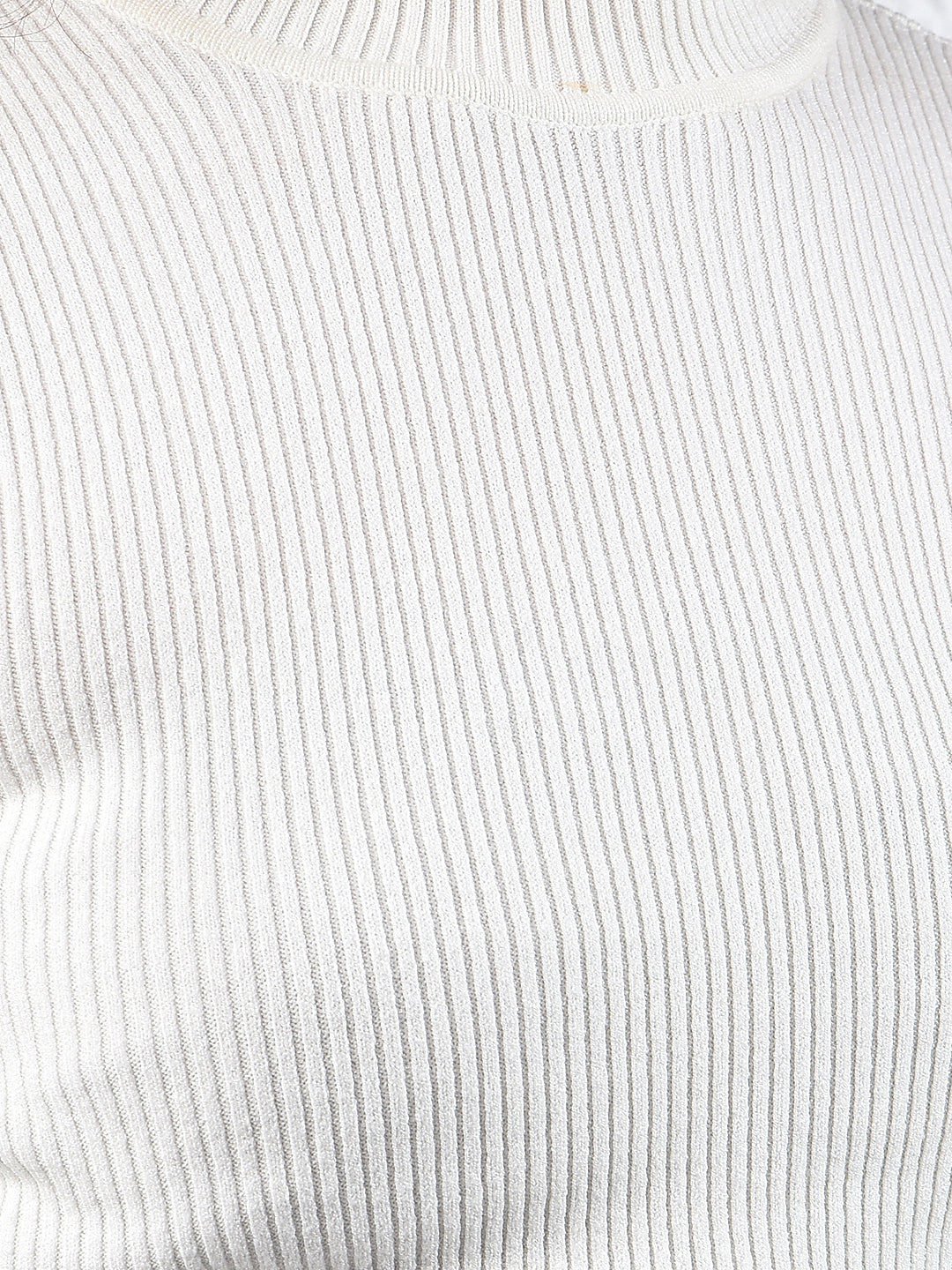 Chic White High Neck Ribbed Sweater-Women Sweaters-Crimsoune Club