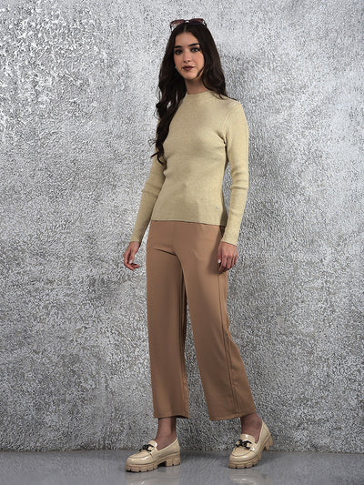 Neutral Ribbed Knit Sweater-Women Sweaters-Crimsoune Club