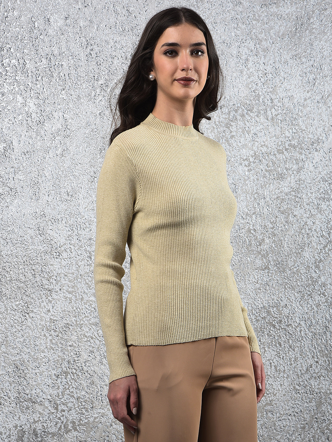 Neutral Ribbed Knit Sweater-Women Sweaters-Crimsoune Club