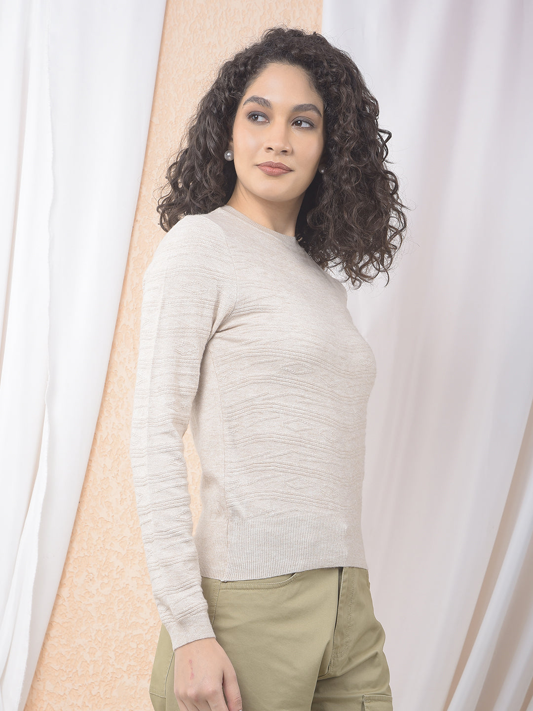 Sleek Textured Beige Sweater-Women Sweaters-Crimsoune Club