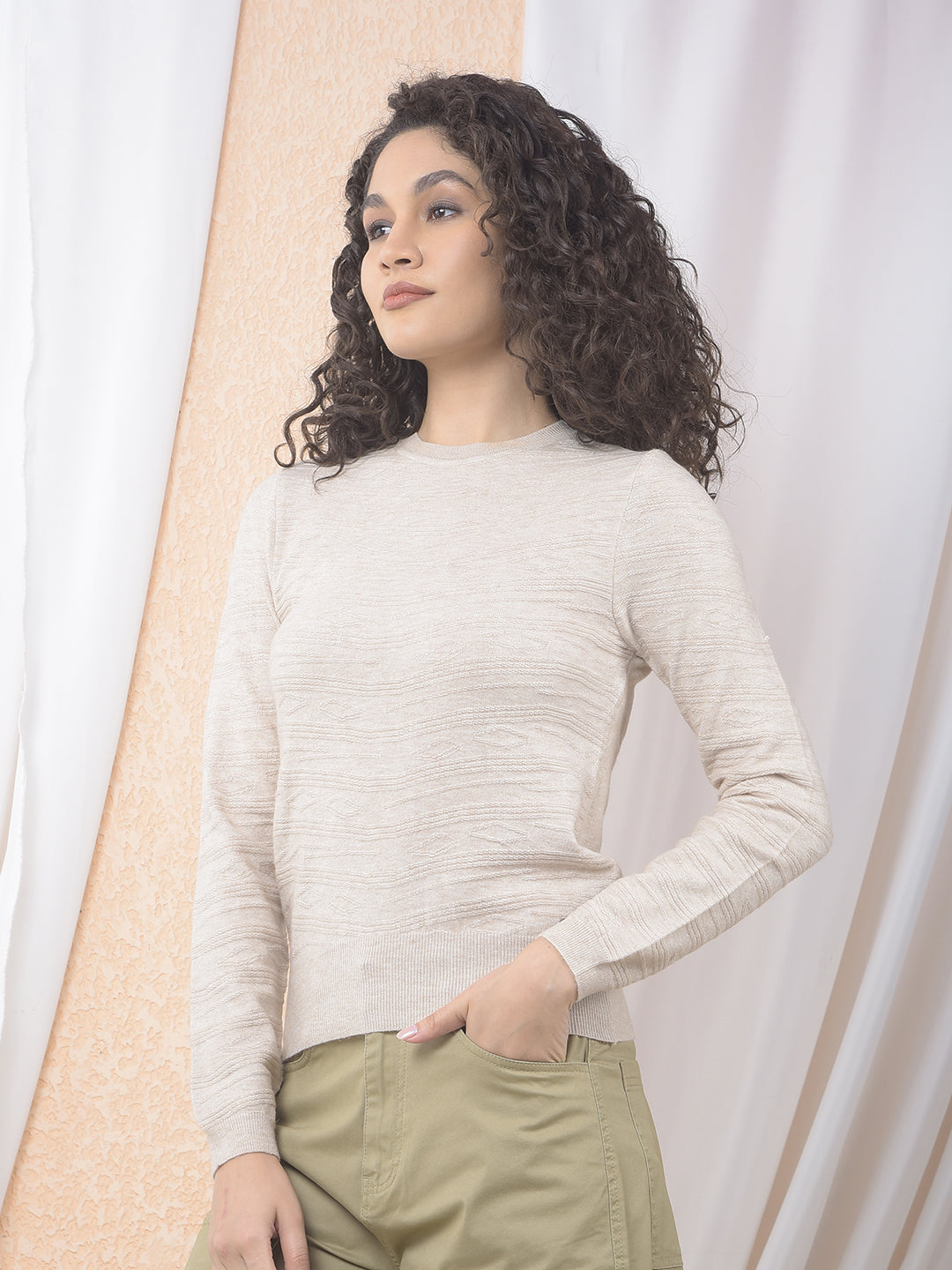 Sleek Textured Beige Sweater-Women Sweaters-Crimsoune Club