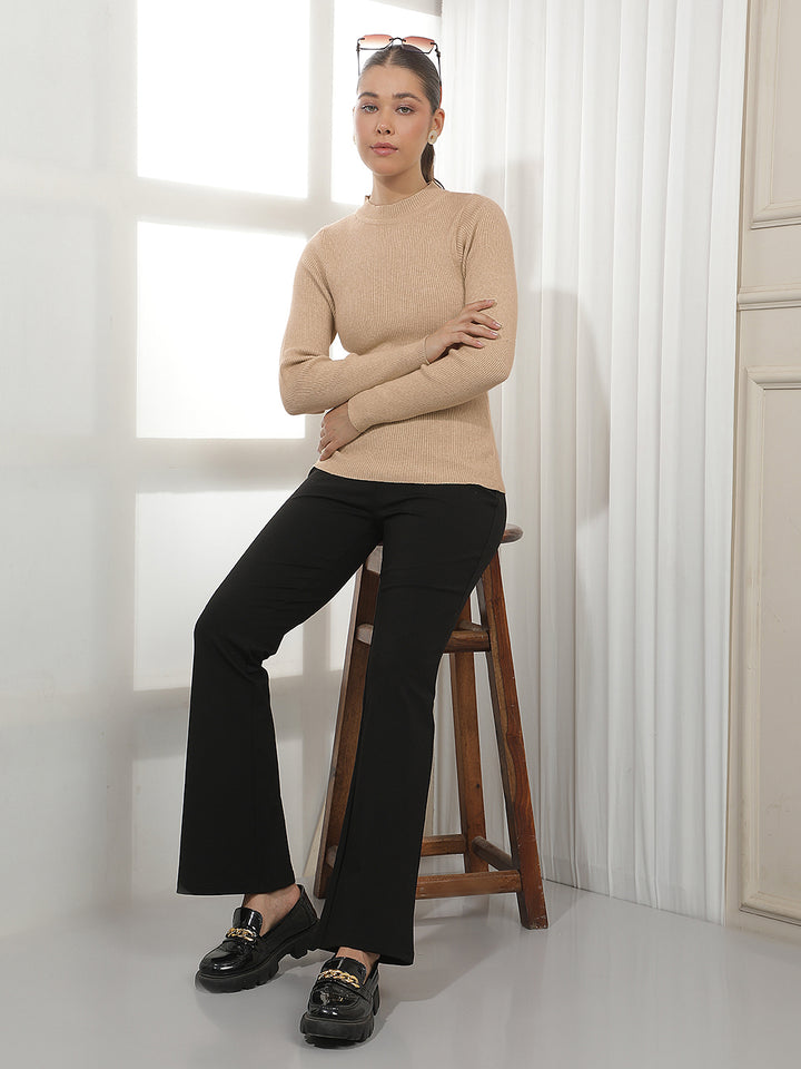 Beige Jacquard Mock Neck Sweater-Women Sweaters-Crimsoune Club