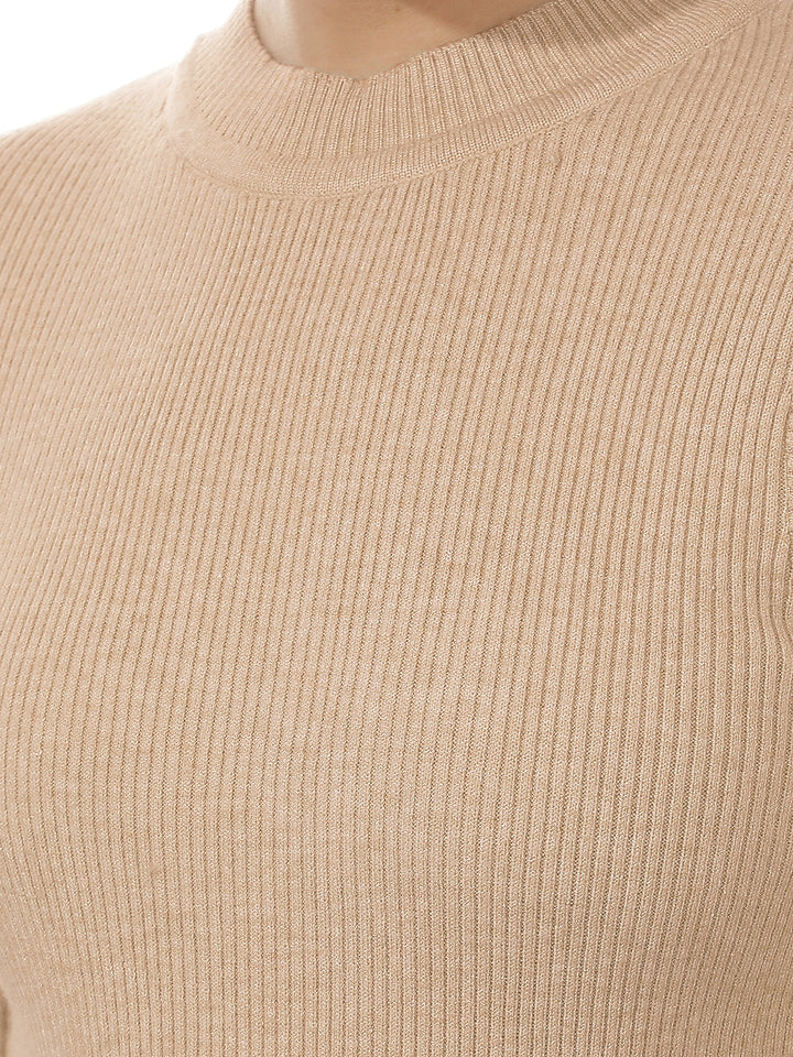 Beige Jacquard Mock Neck Sweater-Women Sweaters-Crimsoune Club