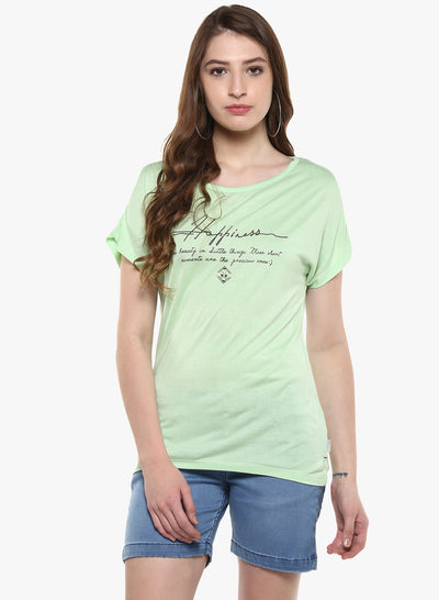 Green Printed Round Neck T-Shirt-Women T-Shirts-Crimsoune Club