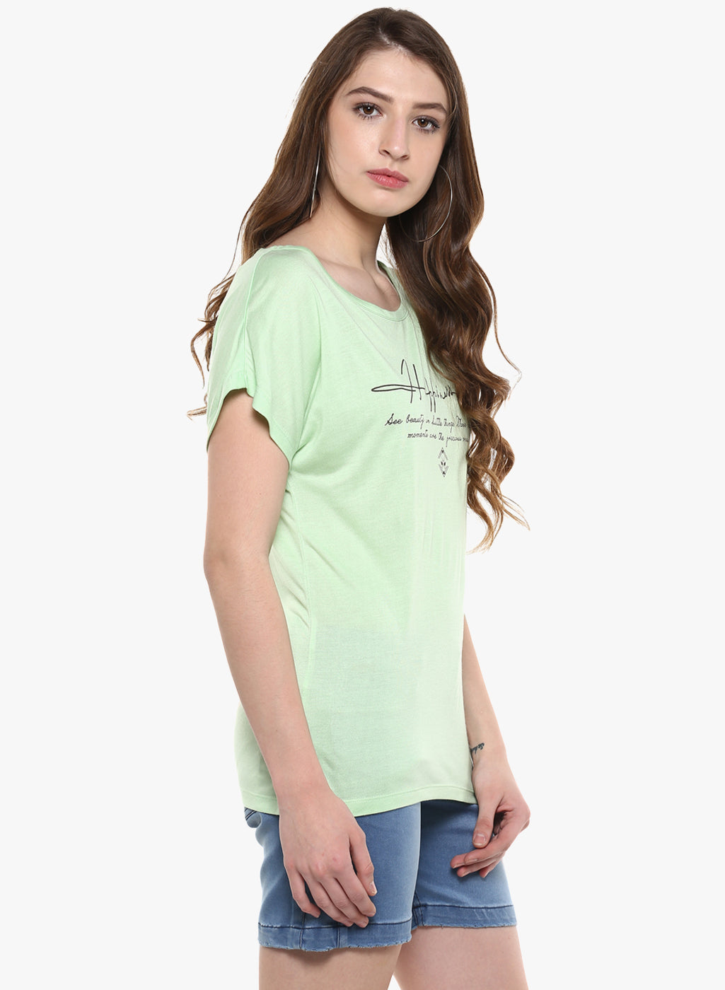 Green Printed Round Neck T-Shirt-Women T-Shirts-Crimsoune Club