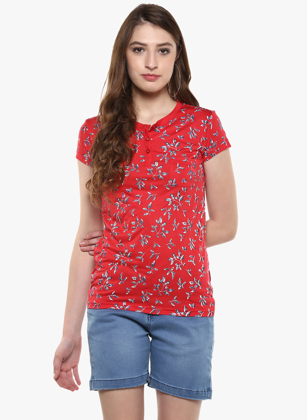 Red Floral Printed Henley Neck T-Shirt-Women T-Shirts-Crimsoune Club