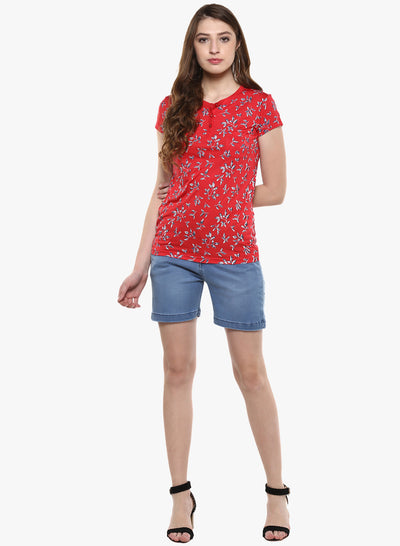 Red Floral Printed Henley Neck T-Shirt-Women T-Shirts-Crimsoune Club