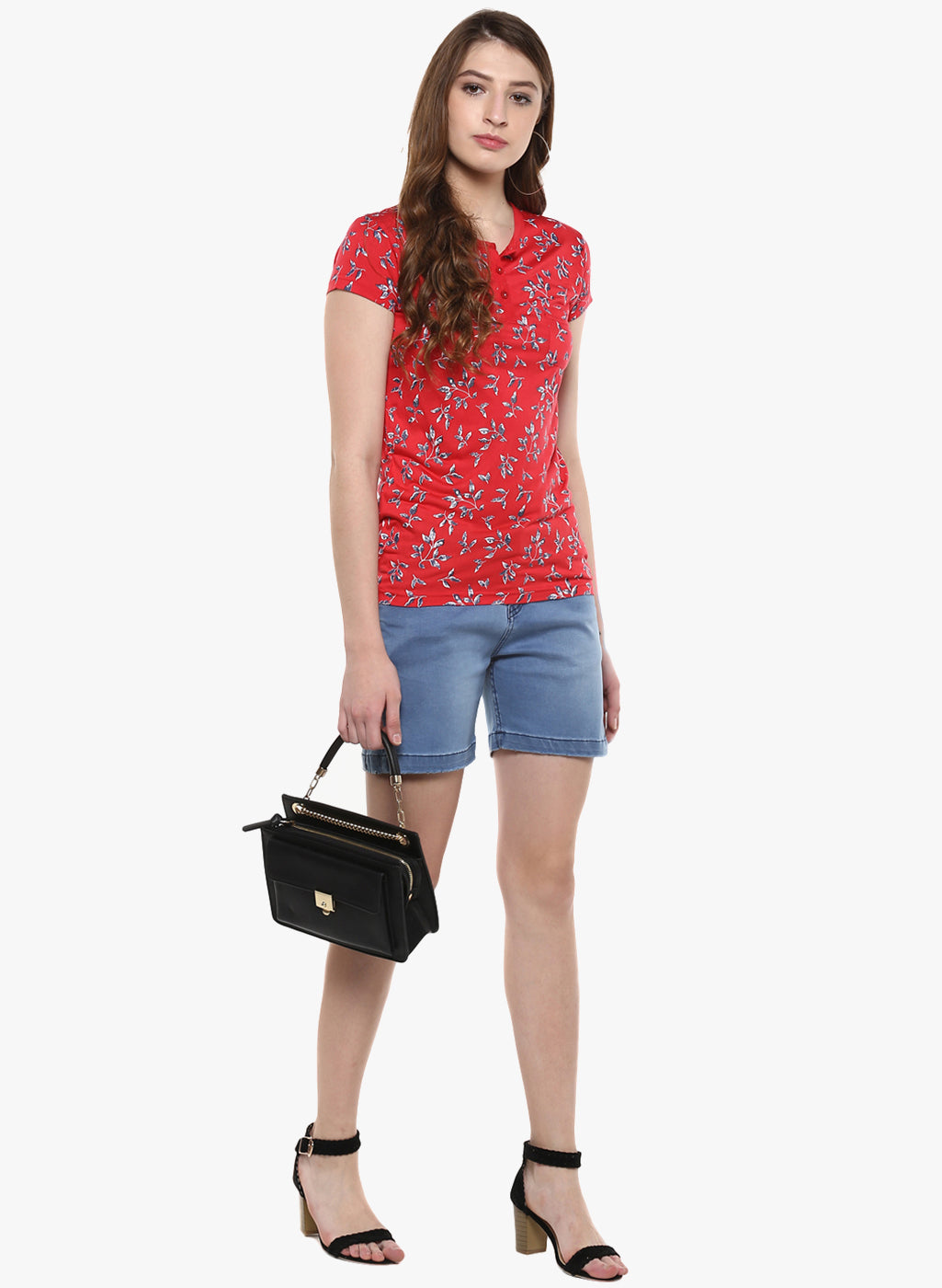 Red Floral Printed Henley Neck T-Shirt-Women T-Shirts-Crimsoune Club