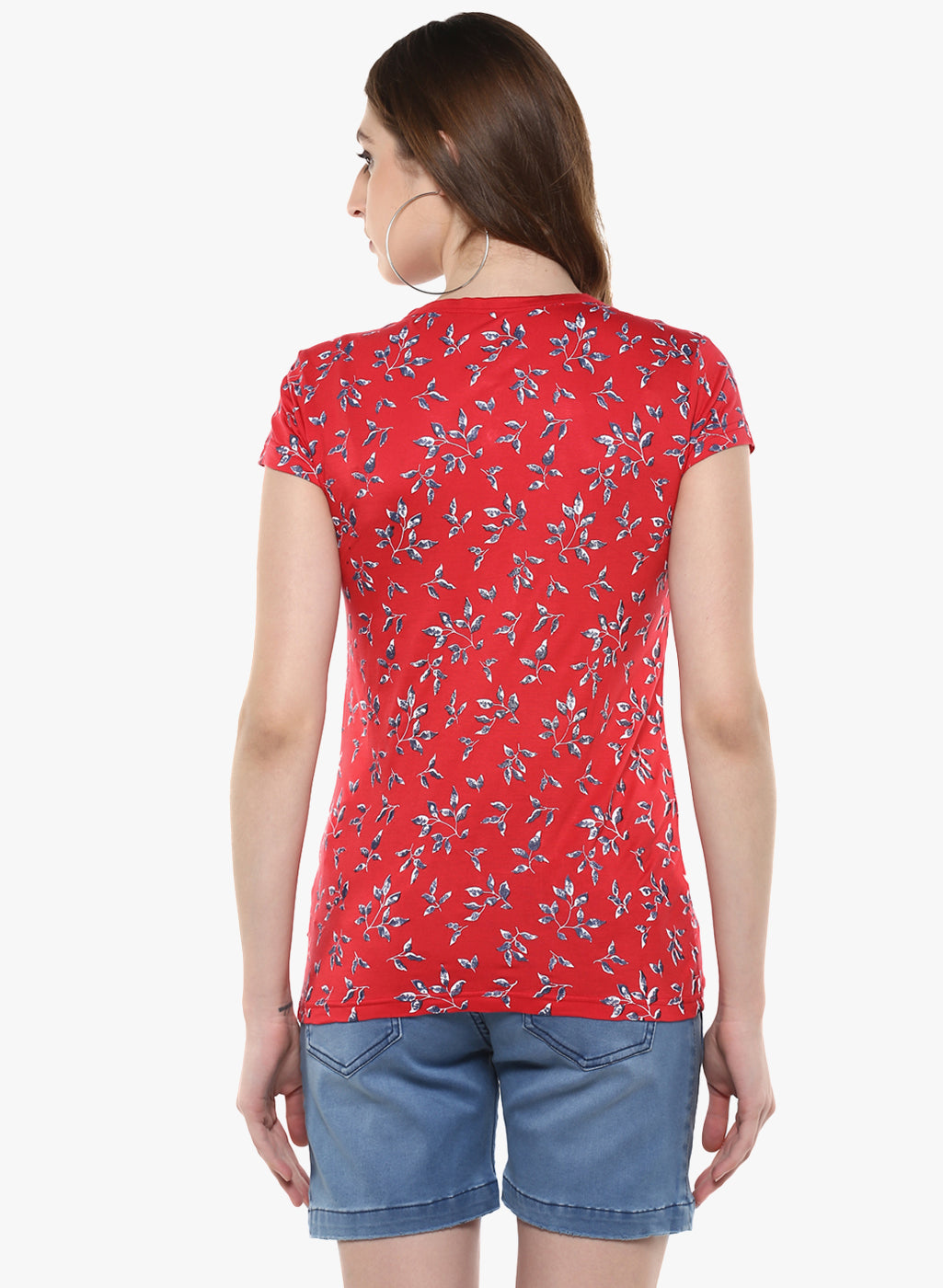 Red Floral Printed Henley Neck T-Shirt-Women T-Shirts-Crimsoune Club