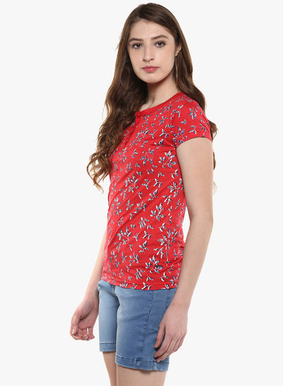 Red Floral Printed Henley Neck T-Shirt-Women T-Shirts-Crimsoune Club