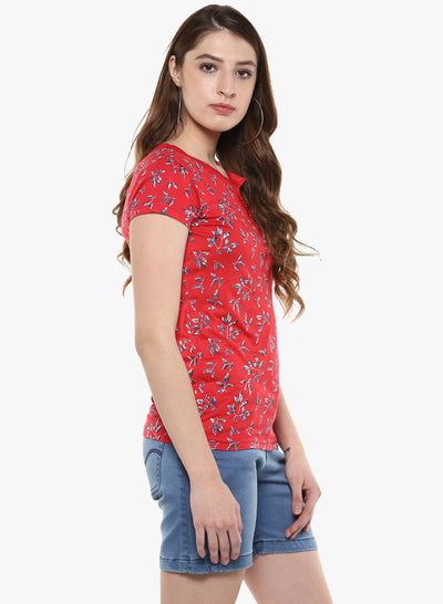 Red Floral Printed Henley Neck T-Shirt-Women T-Shirts-Crimsoune Club