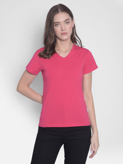 Pink V-Neck T-Shirt-Women T-Shirts-Crimsoune Club