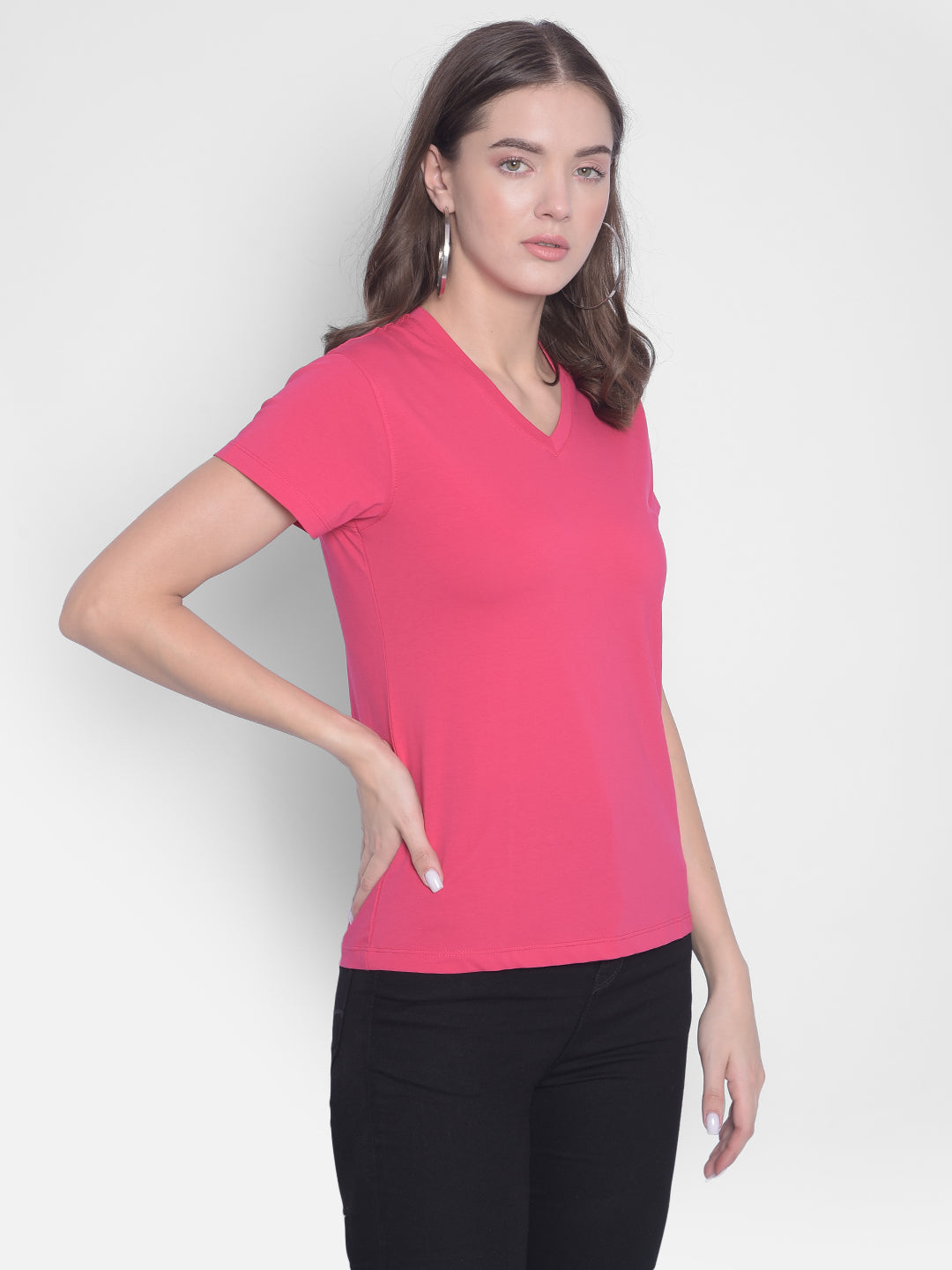 Pink V-Neck T-Shirt-Women T-Shirts-Crimsoune Club