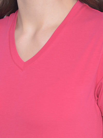 Pink V-Neck T-Shirt-Women T-Shirts-Crimsoune Club