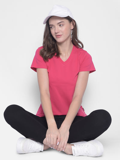 Pink V-Neck T-Shirt-Women T-Shirts-Crimsoune Club