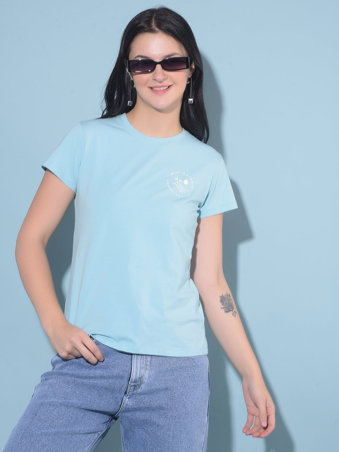 Blue Cotton T-Shirt-Women T-Shirts-Crimsoune Club