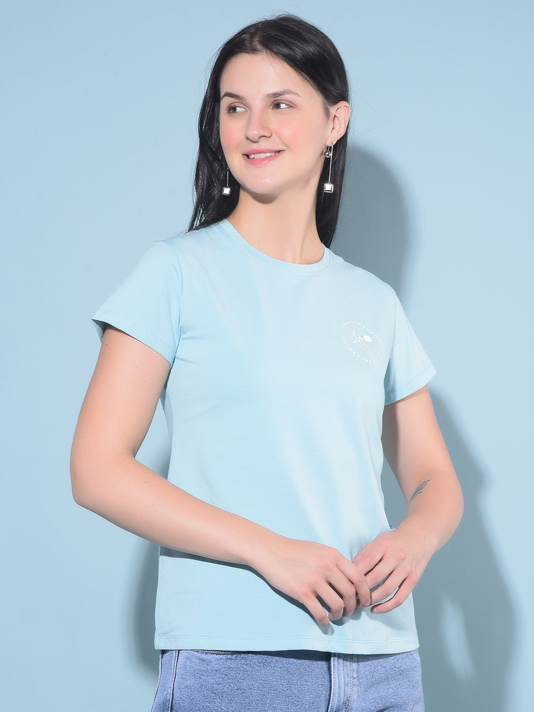 Blue Cotton T-Shirt-Women T-Shirts-Crimsoune Club