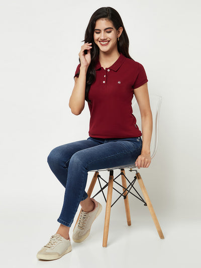 Maroon Cotton T-Shirt-Women T-shirts-Crimsoune Club