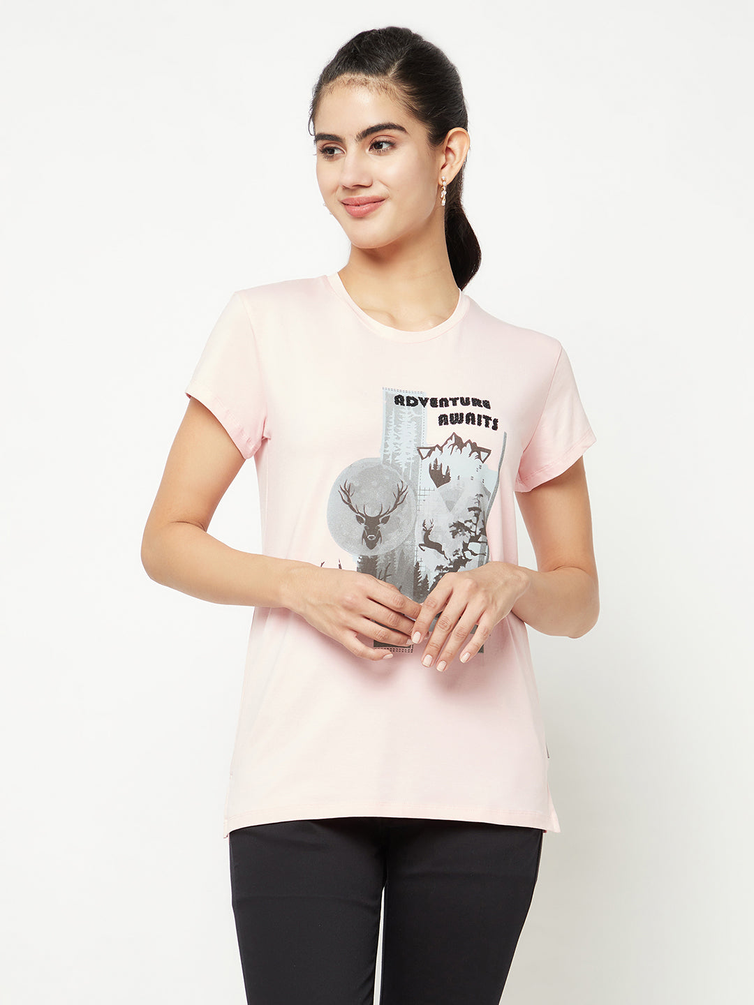 Pink Graphic Print T-shirt-Women T-shirts-Crimsoune Club