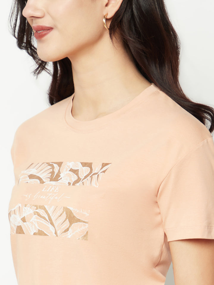 Peach Floral Print Crop T-shirt-Women T-shirts-Crimsoune Club