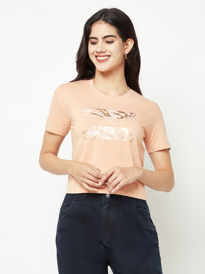 Peach Floral Print Crop T-shirt-Women T-shirts-Crimsoune Club