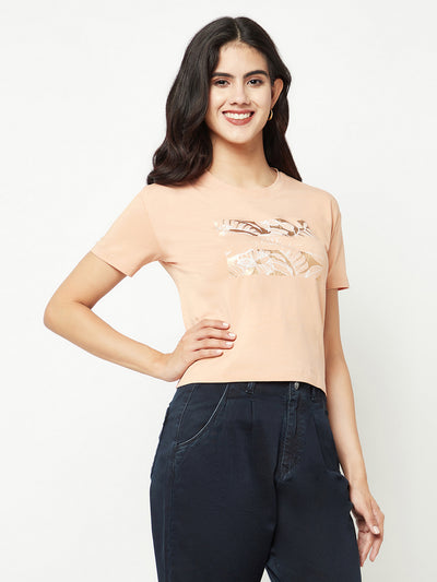 Peach Floral Print Crop T-shirt-Women T-shirts-Crimsoune Club