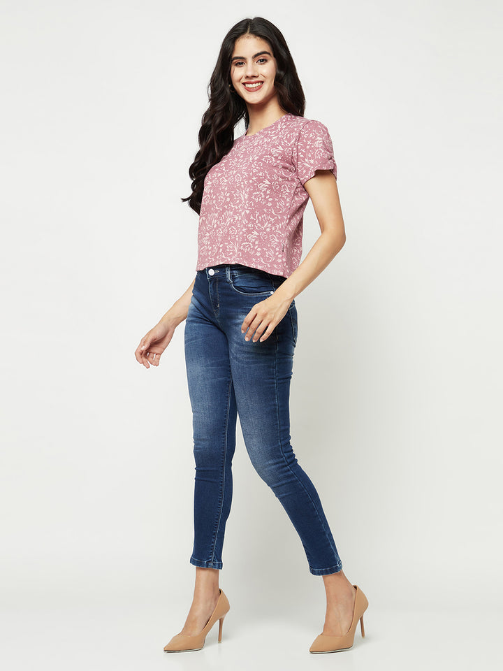 Pink Floral Print Crop T-Shirt-Women T-shirts-Crimsoune Club
