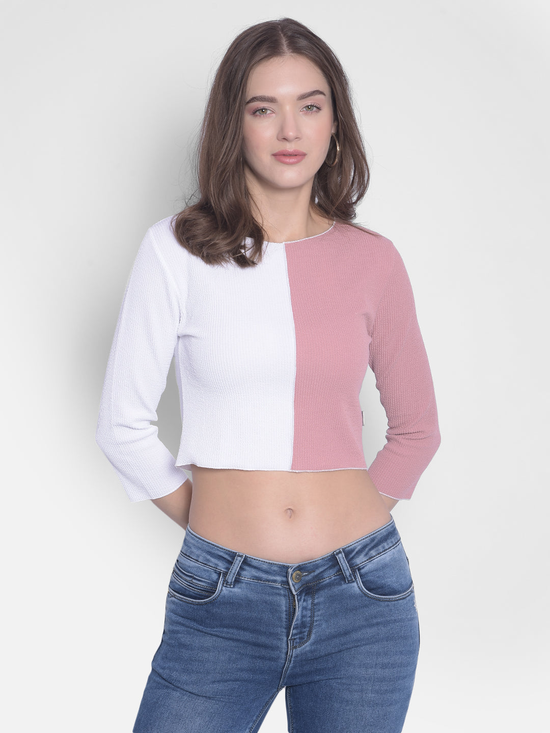 Pink Colorblocked Crop T-Shirt-Women T-Shirts-Crimsoune Club