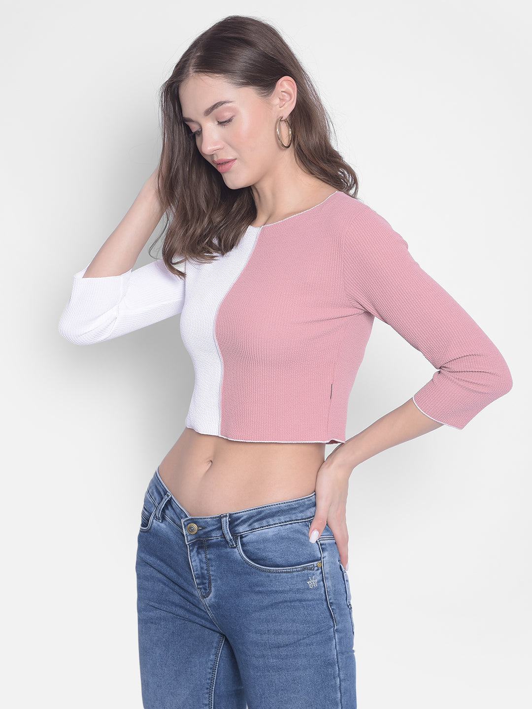 Pink Colorblocked Crop T-Shirt-Women T-Shirts-Crimsoune Club