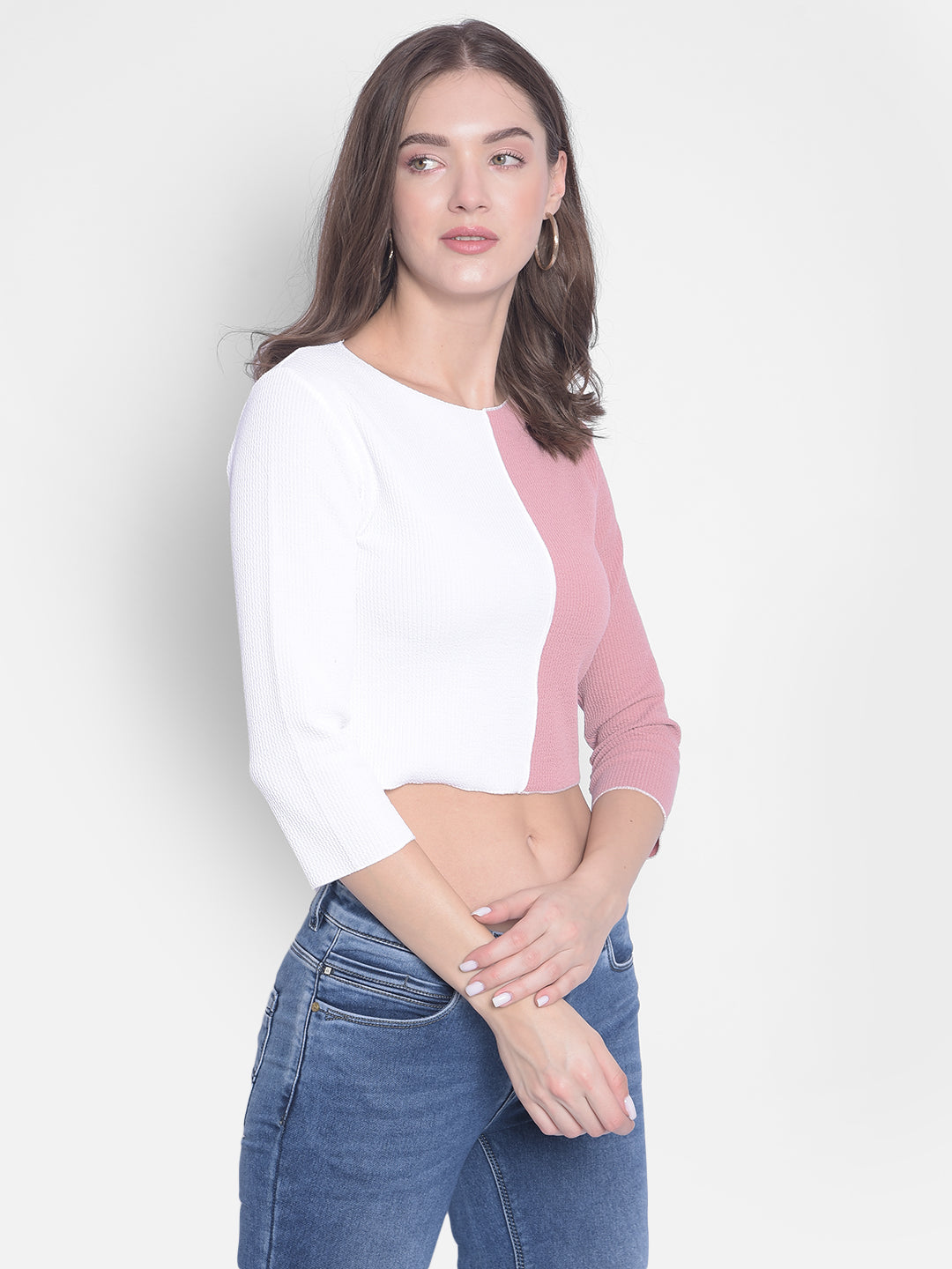 Pink Colorblocked Crop T-Shirt-Women T-Shirts-Crimsoune Club