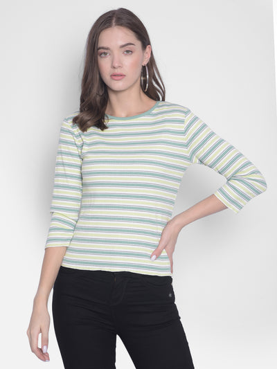 Green Striped Round Neck T-Shirt-Women T-Shirts-Crimsoune Club