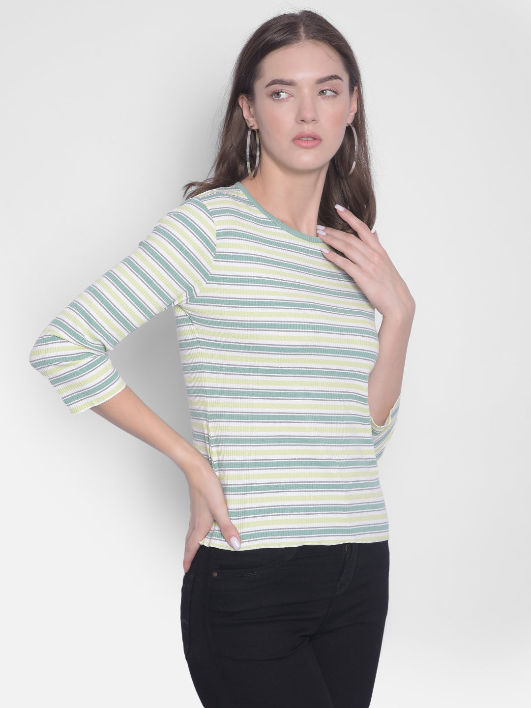 Green Striped Round Neck T-Shirt-Women T-Shirts-Crimsoune Club