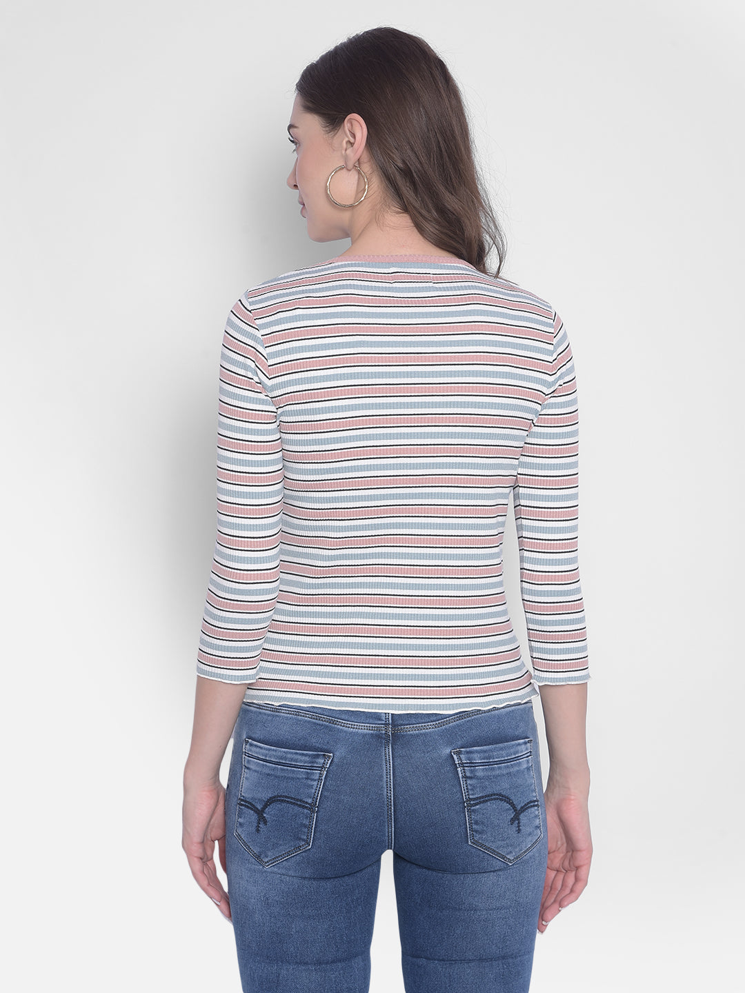 Pink Striped Round Neck T-Shirt-Women T-Shirts-Crimsoune Club