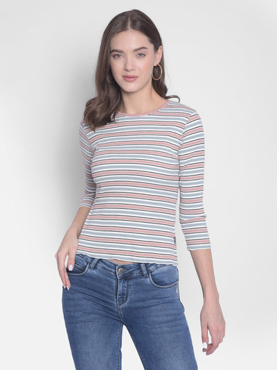 Pink Striped Round Neck T-Shirt-Women T-Shirts-Crimsoune Club