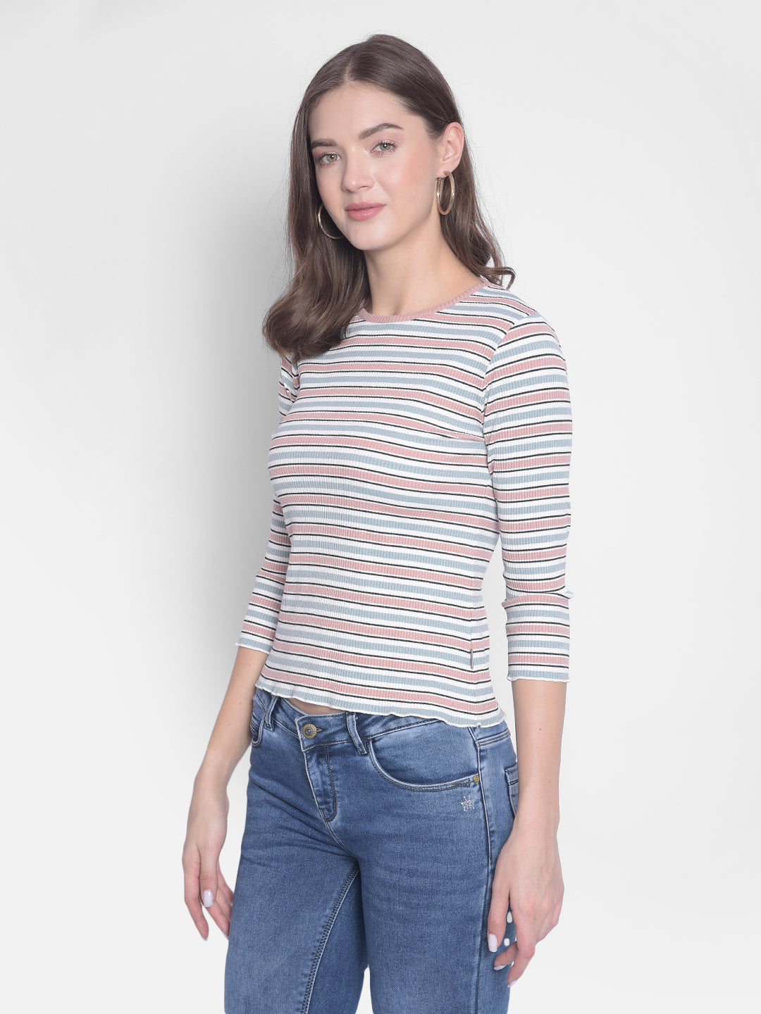 Pink Striped Round Neck T-Shirt-Women T-Shirts-Crimsoune Club