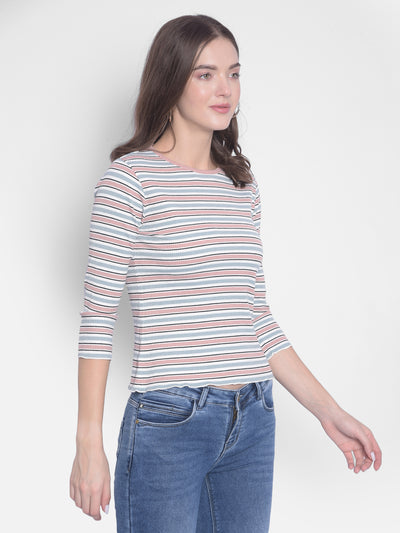 Pink Striped Round Neck T-Shirt-Women T-Shirts-Crimsoune Club