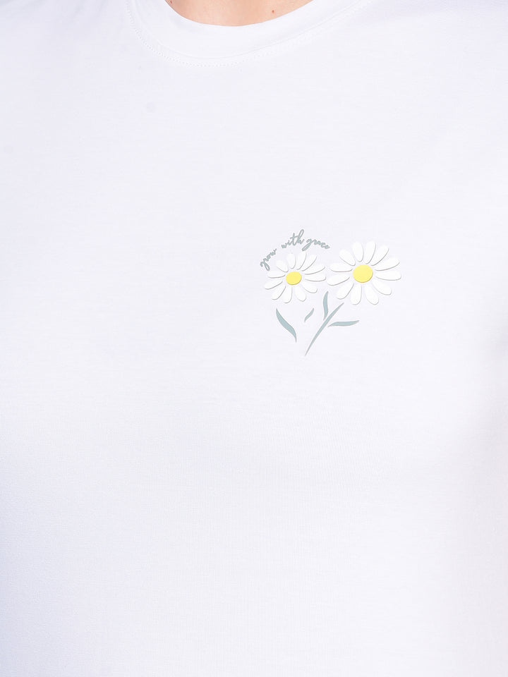 White Floral Print T-Shirt-Women T-Shirts-Crimsoune Club